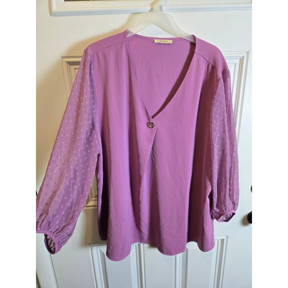 Bebonnie Women XXL Purple Swiss Dot Sheer Balloon Sleeve V-Neck Blouse Top